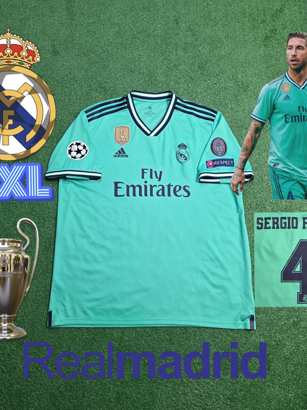 Adidas Real Madrid CF Sergio Ramos #4 2018/2019 Third Green Jersey UCL Patches ⁹